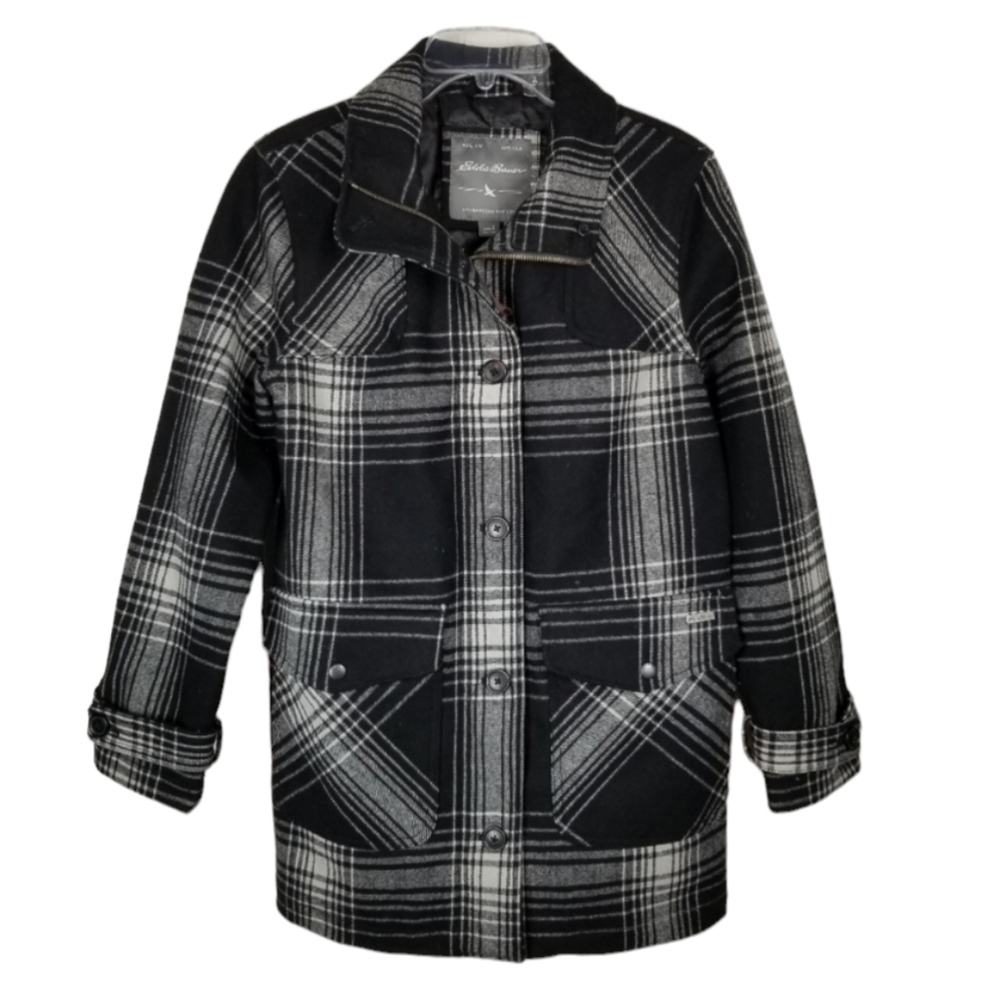 Eddie Bauer Womens Wool Plaid Full Zip Button Car Coat Jacket Black Gray Small